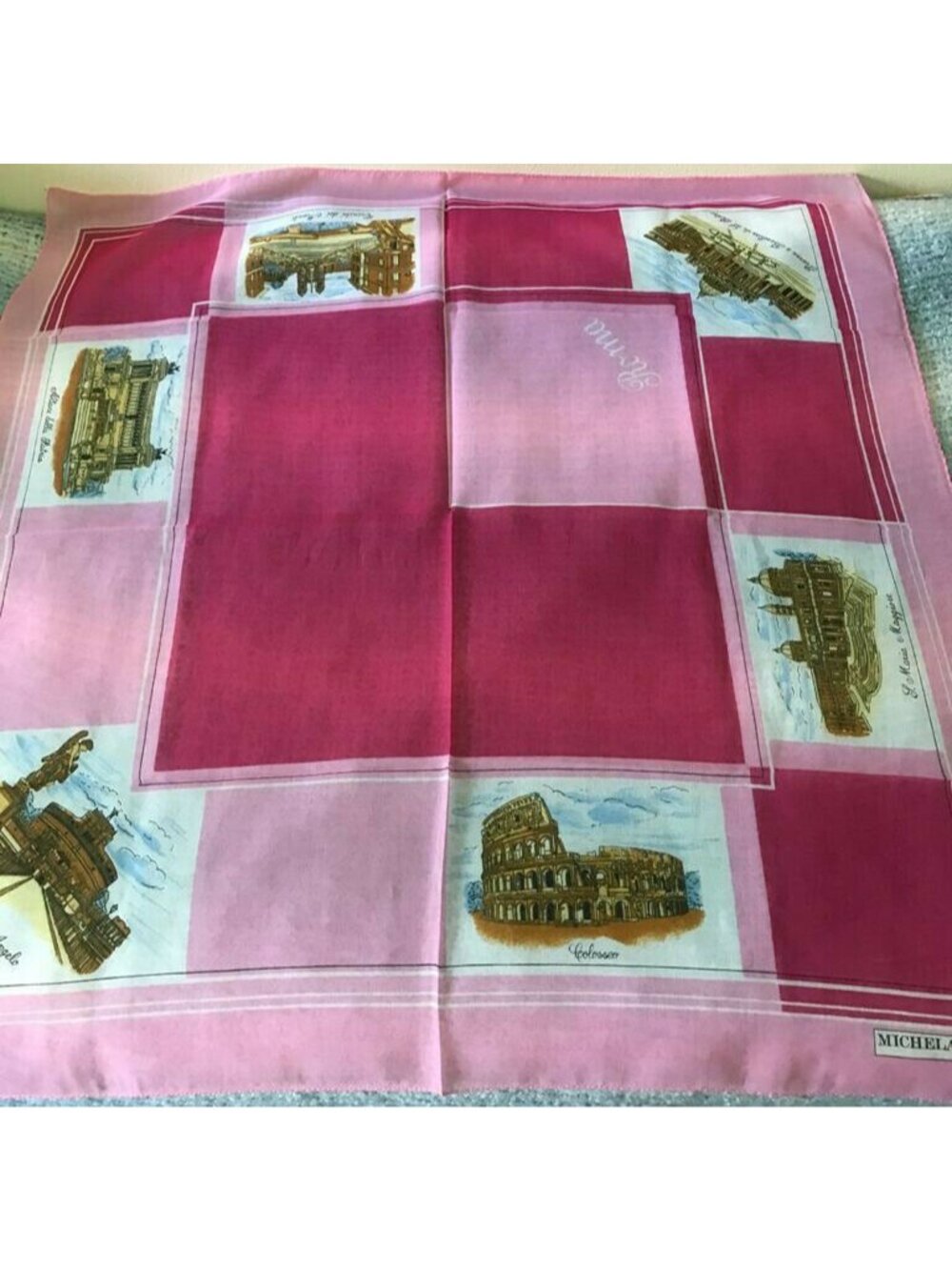 Michelangelo Roma Pink Square Pattern City Italian Semi-sheer Scarf Handkerchief